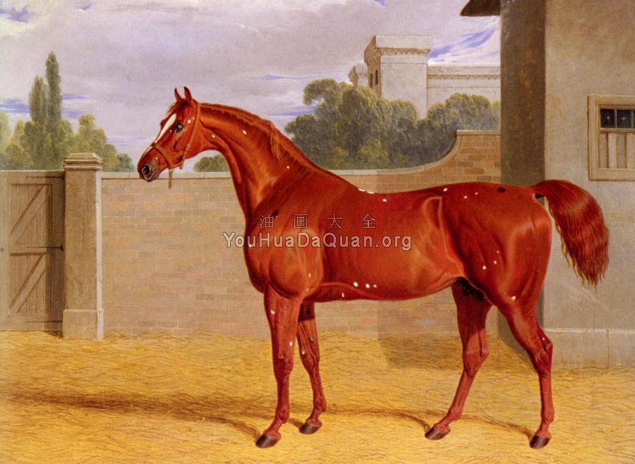 Comus, A Chestnut Racehorse in a Stable Yard - 约翰·弗雷德里克·赫尔林